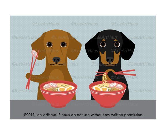 97g 5x7 Two Dachshund Dogs Eating Ramen Noodles Wall Art Ramen