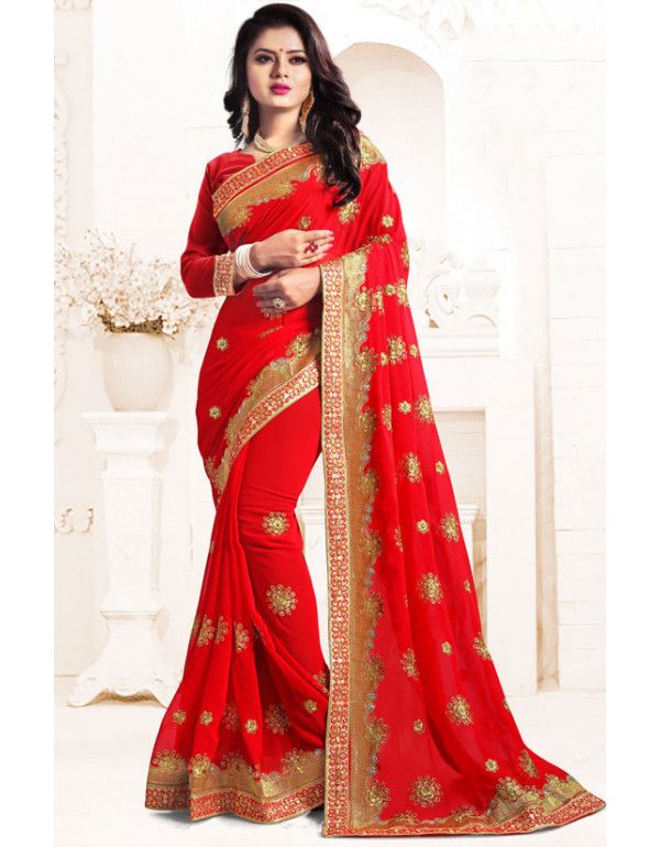 Attractive Red Party Wear Saree | Party wear sarees, Saree designs, Saree