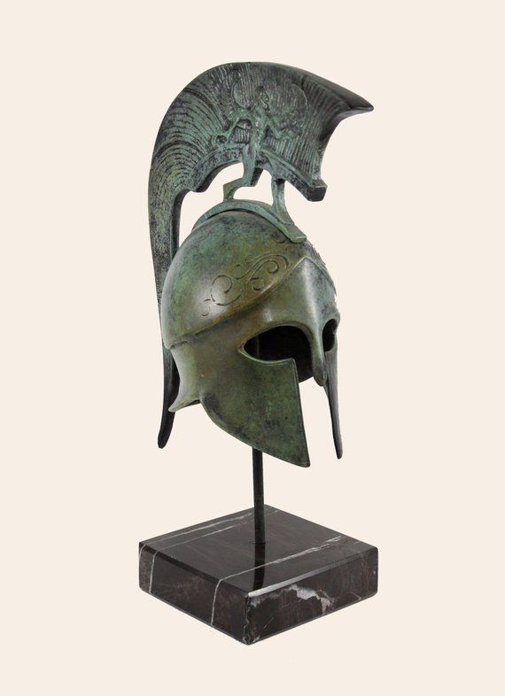 Meandros Crested Helmet Ancient Greek Bronze Corinthian Helmet Greek Key Sculpture Greek Museum Reproduction Handmade Artifact Verdigris