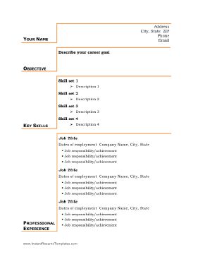 When acquired skills are more important than professional experience, use this distinctively formatted resume template. A sleek red line highlights career objectives and other points. Free to download and print