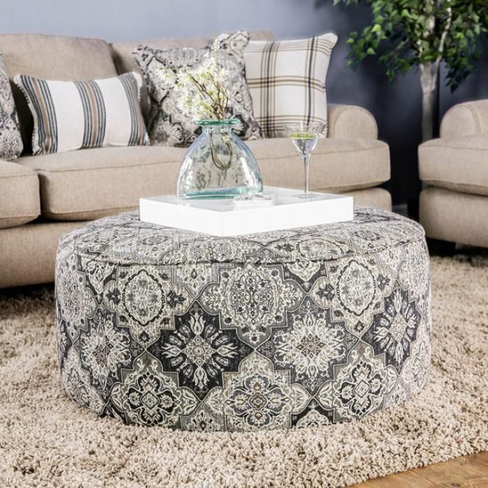 Bernadette Sm8200 Ot Ivory Pattern Transitional Ottoman In 2021 Furniture Of America Patterned Patterned Ottoman, Fabric Round Ottoman