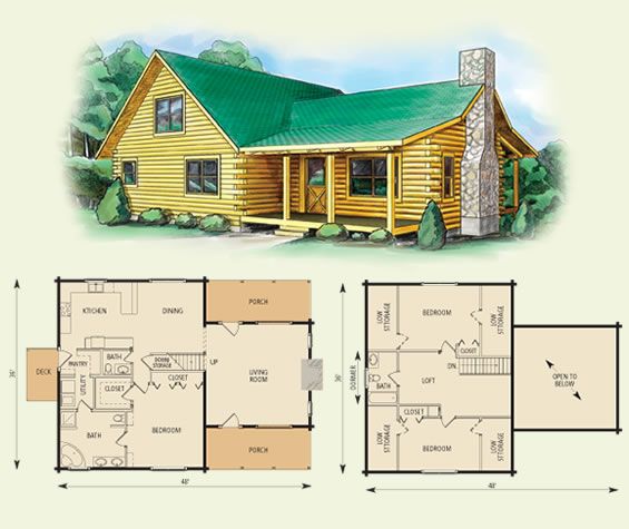 carolina log home and log cabin floor plan 3 bed room, fireplace, 2