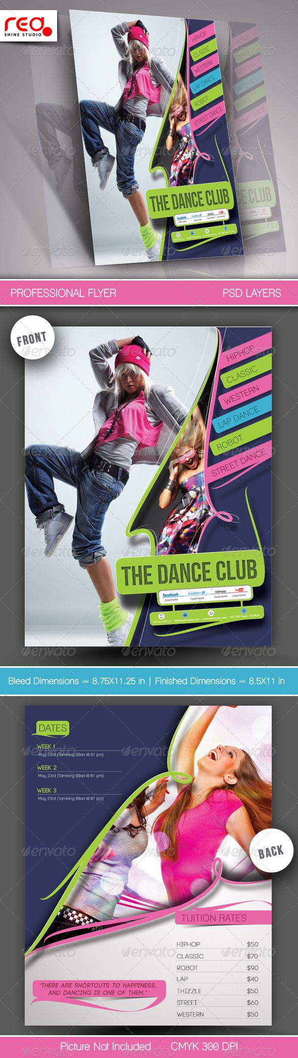 Dance Academy Flyer & Poster Template - 2 #GraphicRiver SPECIFICATION Both Side Flyer Template is 8.5 by 11 in (8.75 in by 11.25 in with bleeds) and is ready for print, because it’s in CMYK at 300 dpi. The psd file can be edited in Photoshop, and to be simple able to change the text. 2 Layered Photoshop file in zip folders with editable text and