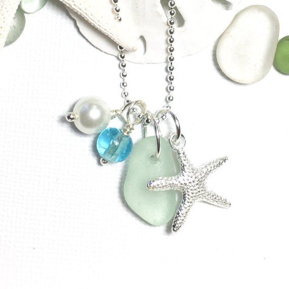 Genuine Sea Glass Jewelry Seafoam Sea Glass Necklace Starfish Charm Beach Jewelry Sea Glass Starfish Beach Wedding Jewelry