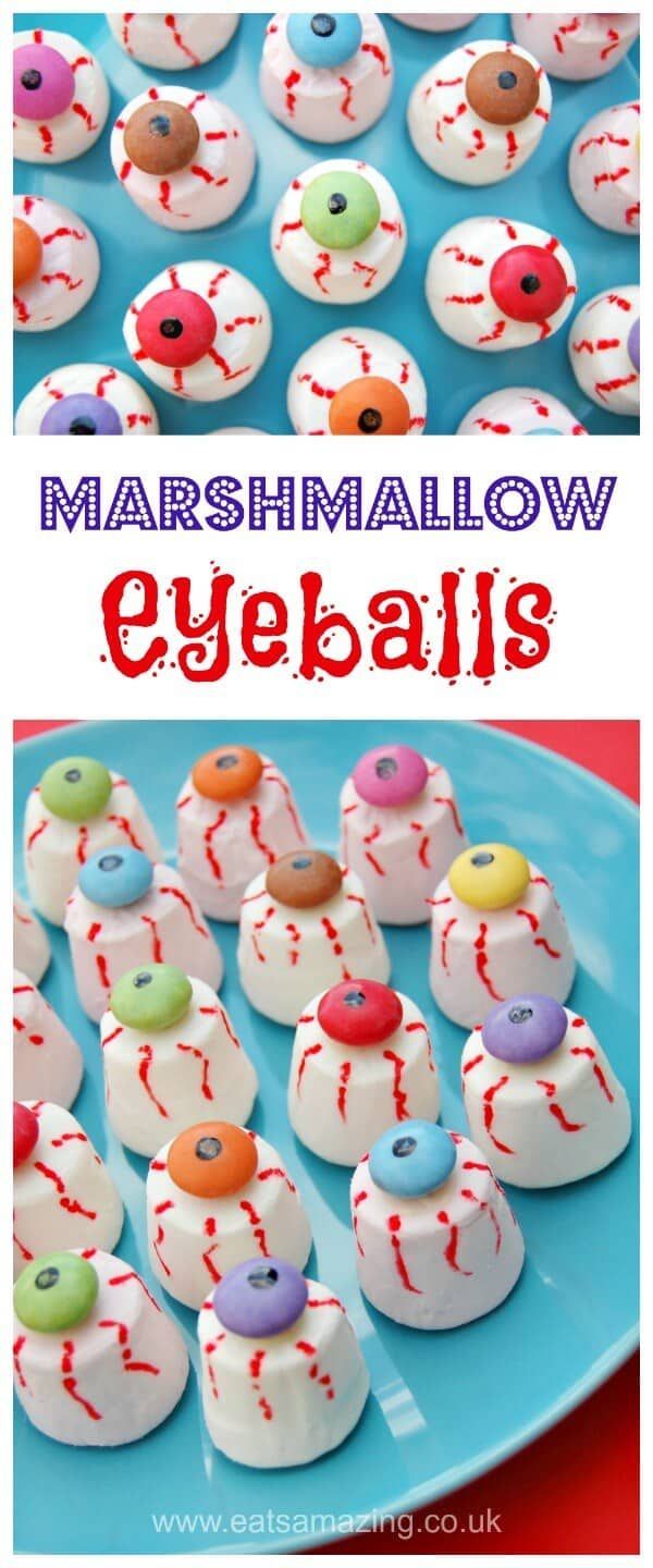 Easy marshmallow eyeballs recipe - fun Halloween food for kids - perfect for cre...