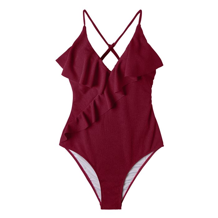 CUPSHE Womens Enjoy It Solid Color Falbala Ruffled One Shoulder One-Piece Swimsuit