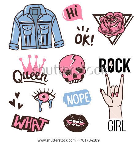 various stickers and symbols for girls on a white background, including the word rock