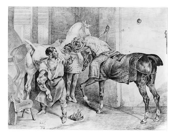 Download a digital copy of an old black crayon and graphite entitled "Shoeing the Horse" created around 1834 (attr.). The numbers "24/1/34" are written on image in lower left. This beautiful image shows a man holding a horse by the leg to get a show on while another horse interferes. The original size is 28 cm. x 37 cm. It is being listed for use as wall art, note cards or ? - Files CAN be resized using standard graphics software and there is NO restriction on use. One at 11"w x 8.5"h and one wide format at 22"w x 17" h. The beautiful details of the photo have been left untouched. A great gift for the horse lover or art buff in your home. This is perfect if you are looking for something special and different for home decor, or as a unique present that is easy to print, frame and gift out. After purchase, simply download and save the files on your computer or a USB drive. You can have the wide format printing and/or framing done at a local craft store (call ahead to check on capabilities). Our antique section contains old and interesting artwork and Antique Replica Images that can be used for many purposes. We can help you create a unique piece that you will use for years to come. The best part is - there are no restrictions...They can be reprinted over and over and can be edited for use with most basic graphics software. This image can be made smaller for use in different crafting projects as well. All images are tested before they are distributed. Remember - file can be used as many times as you wish. Please note... There are NO returns once a file(s) is downloaded - If there are any issues after you download the file - please convo me. Once your order is placed and completed - Etsy will give you the link to the file package and you may download from there. Please check out my other offerings for printable images of all types as they are added to the store | Shop this product here: http://spreesy.com/whitehorseimaging/1 | Shop all of our products at http://spreesy.com/whitehorseimaging | Pinterest selling powered by Spreesy.com
