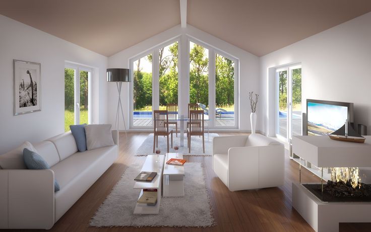 Bungalow Haus innen Wohnzimmer mit Kamin & Erker Anbau im Landhausstil – Wohnideen Interior Design Landhaus Bungalow SH 136 WB Variante D von ScanHaus…