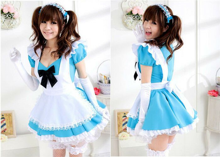 Alice in Wonderland Maid Lolita Blue Dress Costume For Halloween Cosplay Party
