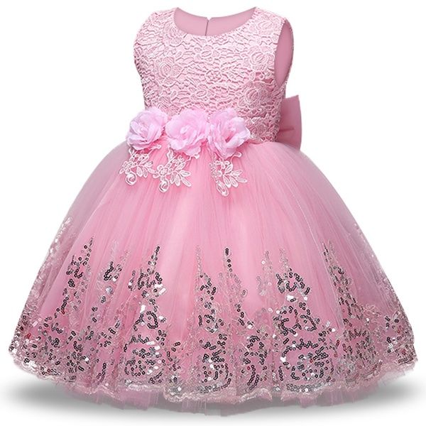 Pink Satin Flower Girl Wedding Beading Costume Big Bowknot Princess Party Dress