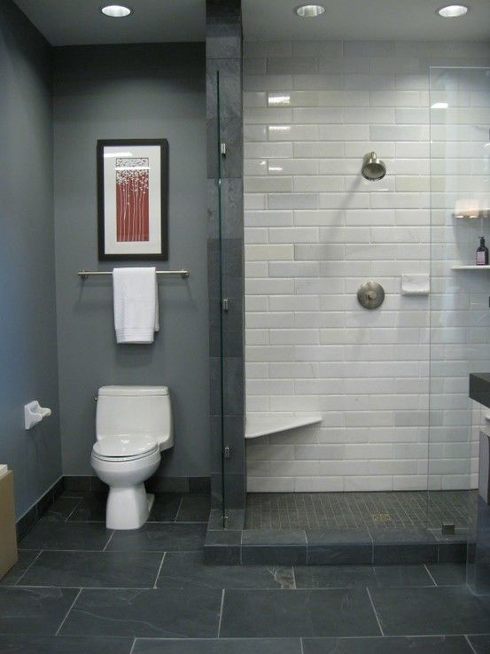Standing Shower No Sliding Door Stationary Ledge With Tile Standing Shower No Sliding Door Stationary Ledge With Tile Floor Slate Tiles In A Grey Monochromatic Bathroom Pinterest