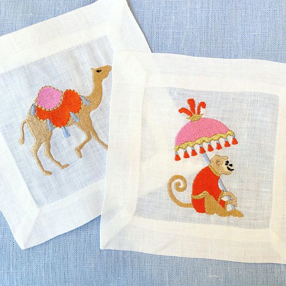 Chinoiserie Monkey Linen Cocktail Napkins