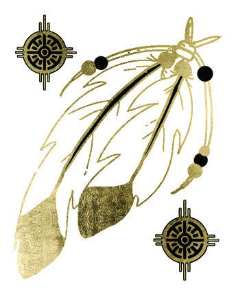 Keep the wind at your back, sun on your face, and feathers in your hair! Get back to your native roots with our metallic Native Feathers tattoo. Black and gold. Sheet Size: 2.5" x 2" - Lasts 5-7 days