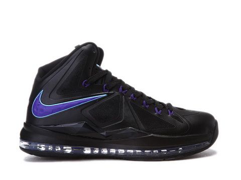 Nike LeBron 10 Black Purple Blue Style Code:541100-003 It features a black hyperfuse upper with purple accents including Nike branding and lace holes, ...