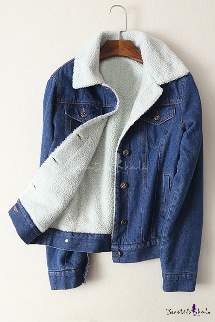 Happy Sailed Womens Lapel Sherpa Fleece Lined Denim Jacket Winter Button Down Warm Coat Outerwear S-2XL