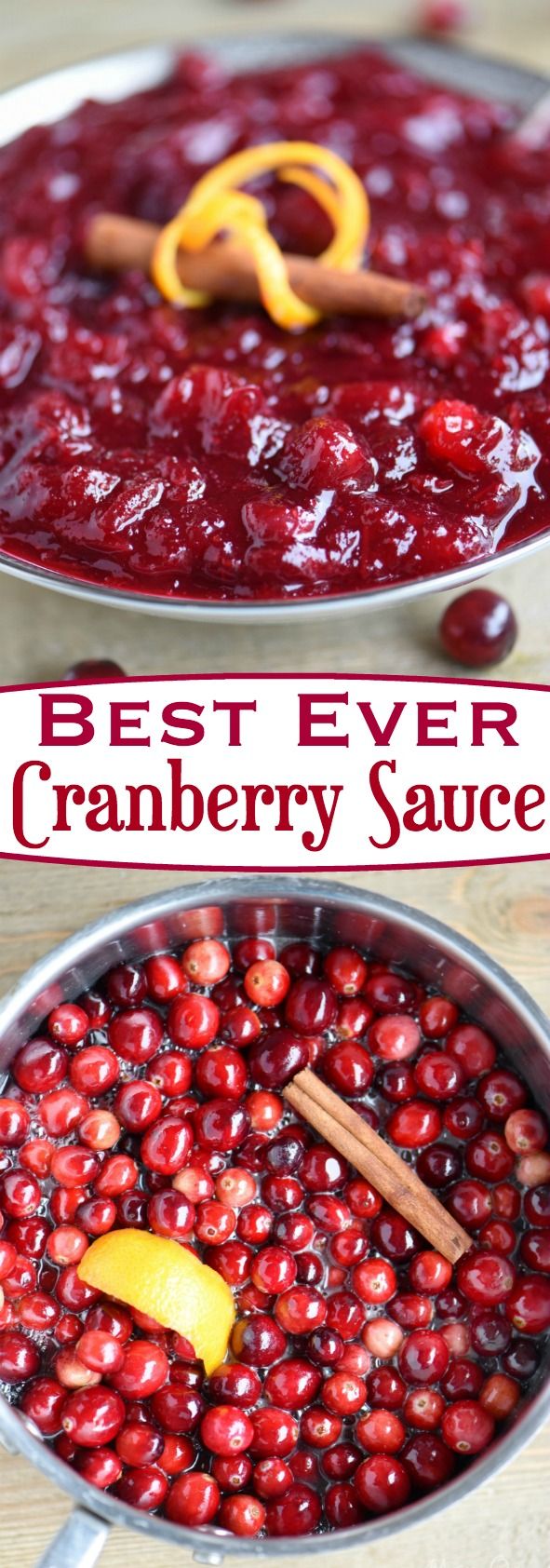 Look no further for the Best Ever Cranberry Sauce! This easy and delightful recipe takes only 15 minutes to make and a handful of ingredients! Spiced with cinnamon and sweetened with orange juice, it is the best combination of sweet and tart! The perfect complement to your holiday meal! // Mom On Timeout #Thanksgiving #cranberry #sauce #recipe