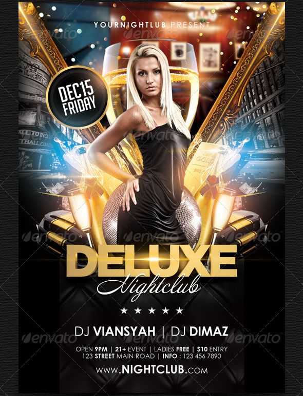 Deluxe Nightclub Flyer Template Deluxe Nightclub Flyer Template Specification : Size 4×6 inch ( .25 inch bleed area ) Print Ready ( CMYK, 300DPI ) Easy to edit and fully customizable Include font download link and help file “USER GUIDE” to customise Organised and Detailed Layers The files contains groups that are color coded and properly labelled All text are editable LINK MODEL PHOTO INCLUDED IN “USER GUIDE