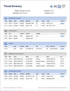 Create a one-page summary of your travel plans using this itinerary template, from http://www.vertex42.com/ExcelTemplates/travel-itinerary-template.html