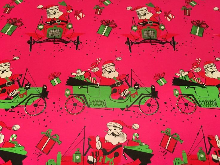 VTG CHRISTMAS WRAPPING Paper Gift Wrap 1950 Santa Claus Tin Lizzie Car Nos - $8....