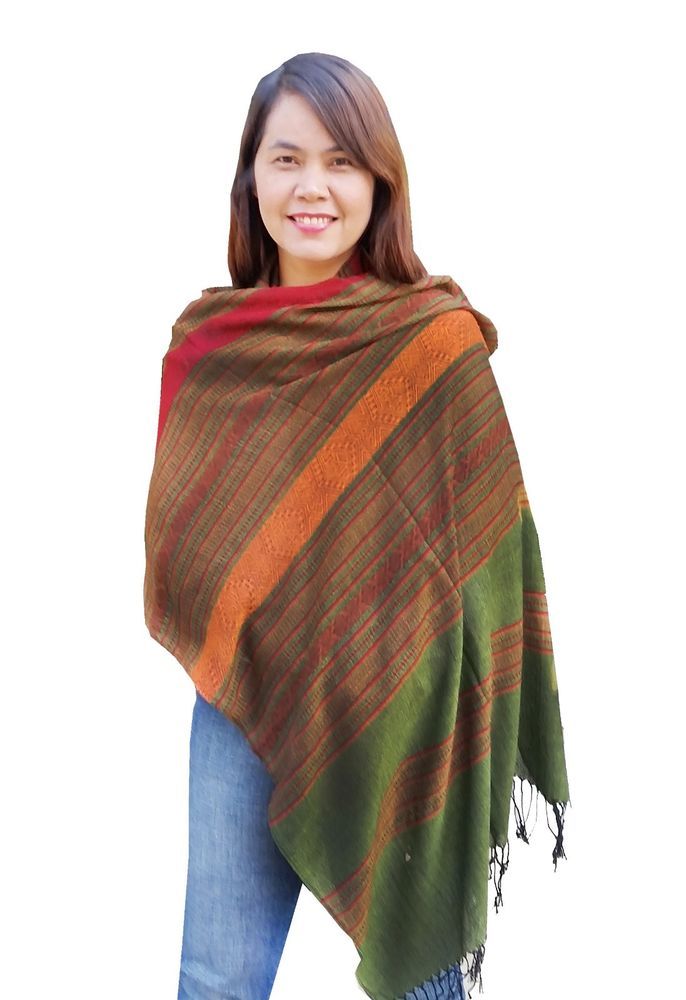 Green Thai Silk Cotton Scarf Scarves Wrap Pashmina Cape Striped Shawl Large Soft Green Thai Silk Cotton Scarf Scarves Wrap Pashmina Cape Striped Shawl Large Soft