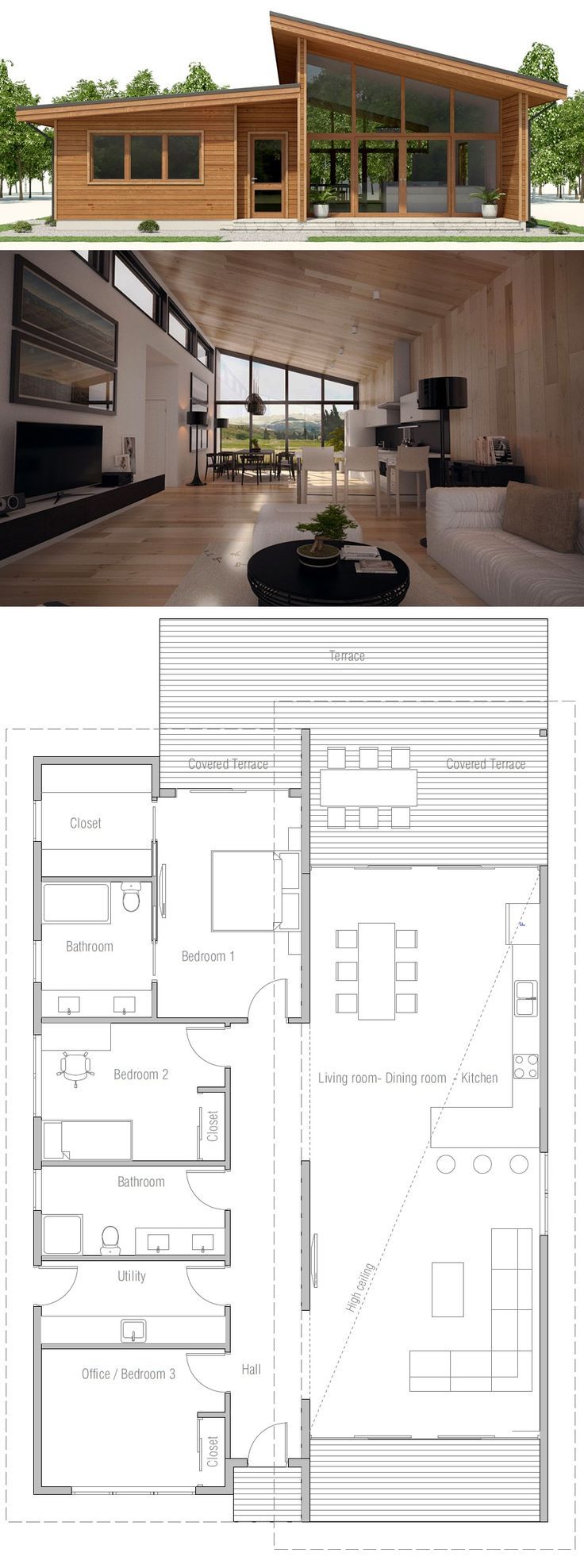 Small House Plan, Floor plan with three bedrooms, modern architecture #architec...