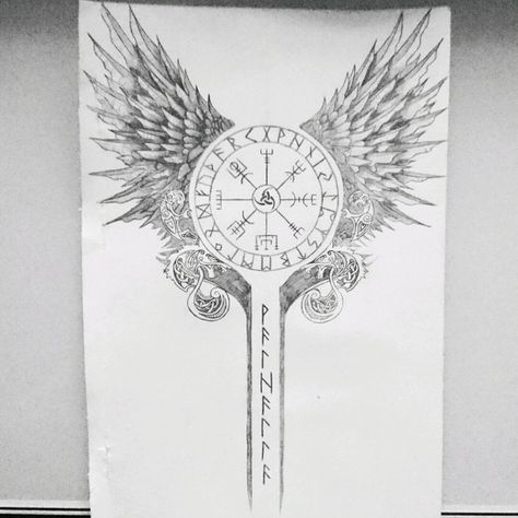 a drawing of a clock with wings on it