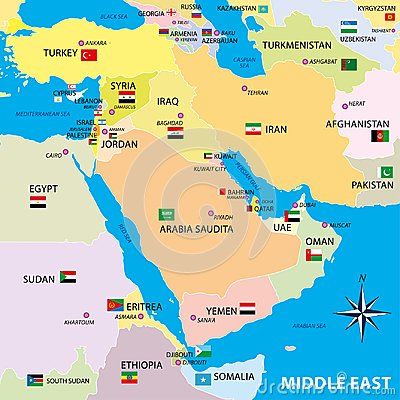Middle east map, vector illustration, flags and borders and capital cities | Middle east map ...