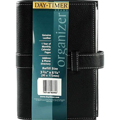 Day-Timer Black Pebble Grain Leather Planner Starter Set, Slip Tab Closure, 5.5 x 7.7 Inches, Black (D49369) Rich black pebble grain leather with cream contrast stitching and slip tab closure. Starter set Includes a full year of monthly tabs, samples of 3 popular refill formats, information pages, a business card holder, zip pouch, and note pad. Binder has a 1 Inch 6 ring element. Portable size h... #Day-Timer #OfficeProduct