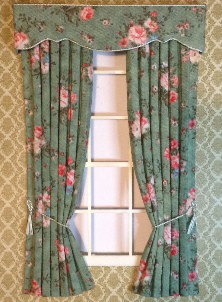 57 Best Dollhouse Curtains Images On Pinterest Blinds Items Similar To Green Pink Roses Miniature Curtains For Dollhouse X Or Made Your Size On Etsy