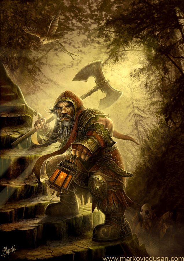 dwarf climbing steps with an owl companion nice lighting the lighting thief