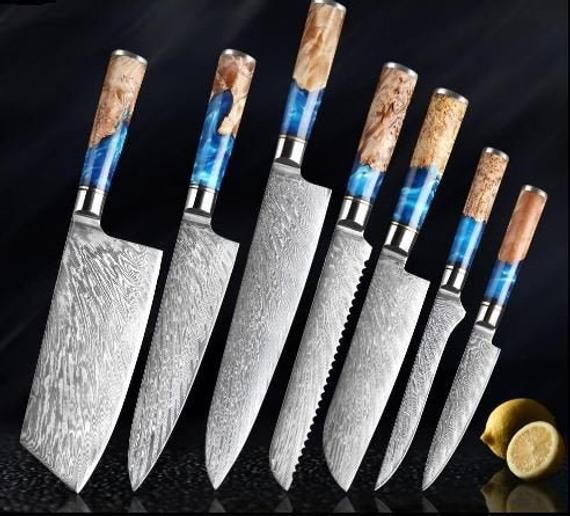Cobalt Damascus Vg10 Steel Handmade Kitchen Knife Set With Etsy In 2021 Knife Set Kitchen Knives Kitchen Chefs Knife Sets