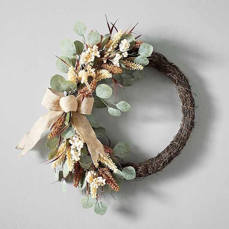 Eucalyptus Heather Mix Burlap Bow Wreath from Kirkland's | Kirklands