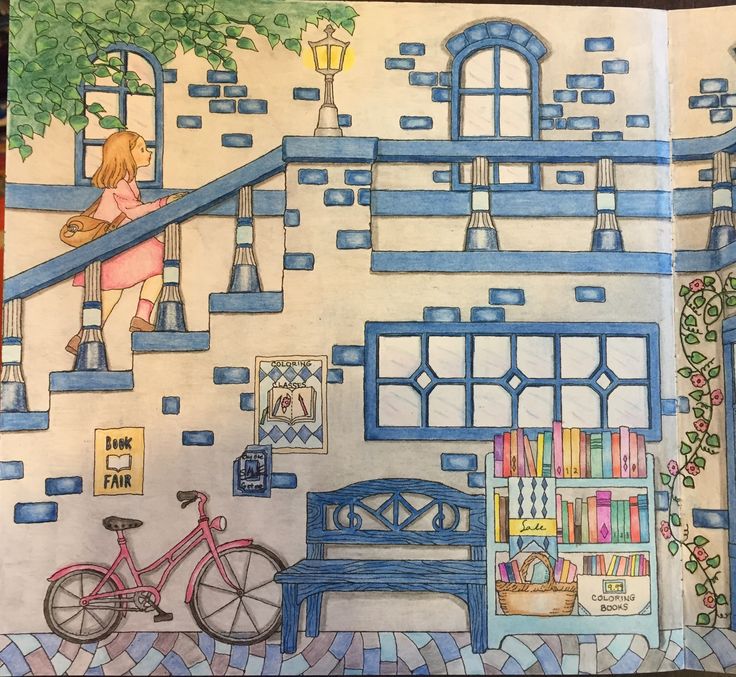 My Colorful Town By Chiaki Ida Left Page Of Outside Library Bookstore Completed Adult Coloring Colorist Jax