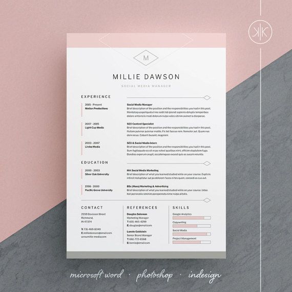 Millie Resume/CV Template / Word / Photoshop / Instant download / Professional easy to edit design by KekeResumeBoutique