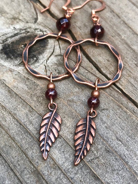 Bohemian Copper Jewelry Handmade Long Large Hammered Copper Earrings Handmade Long Dangle Earrings Hammered Earrings Blue Green Leaf