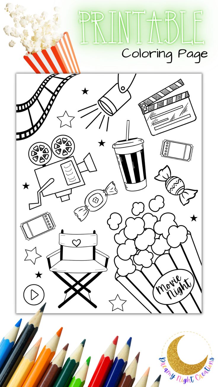 Printable Movie Night Coloring Page, Cinema Coloring Page for Kids and