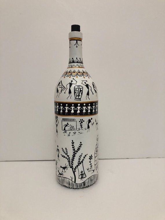 African Art Hand Painted Wine Bottle
