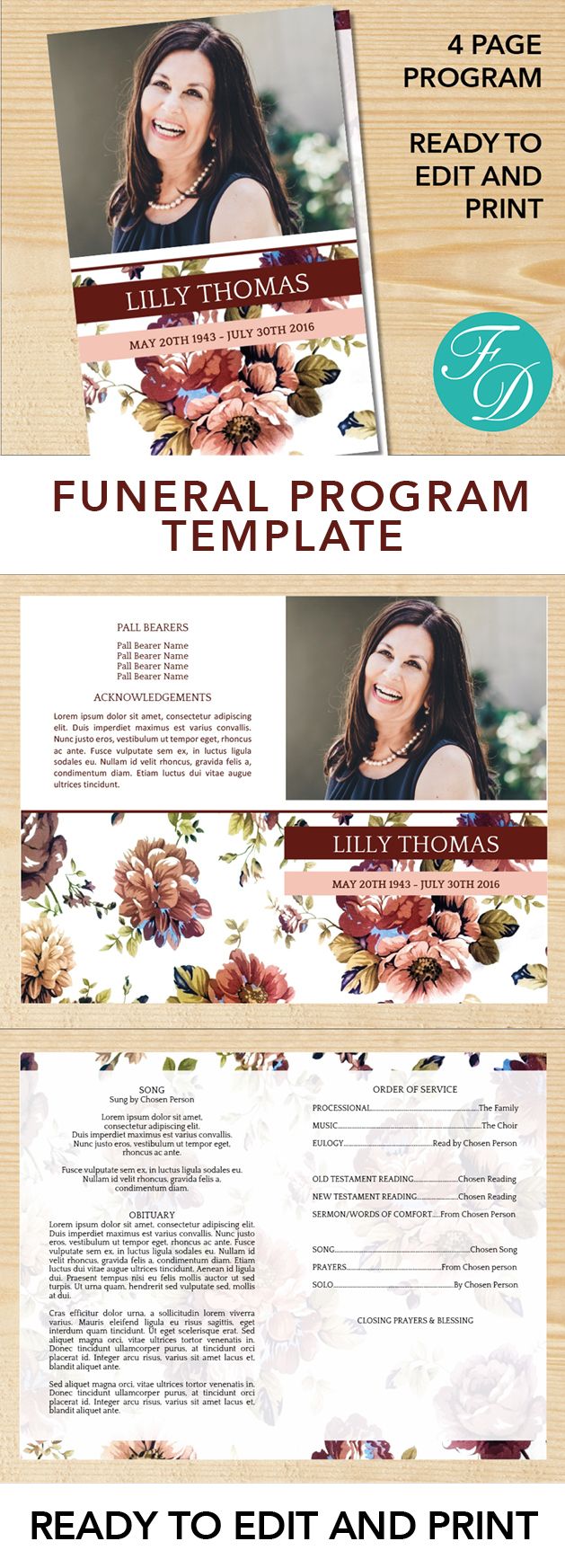 Vintage Printable Funeral program ready to edit & print Simply purchase your funeral templates, download, edit with Microsoft Word and print. #obituarytemplate #memorialprogram #funeralprograms #funeraltemplate #printableprogram #celebrationoflife