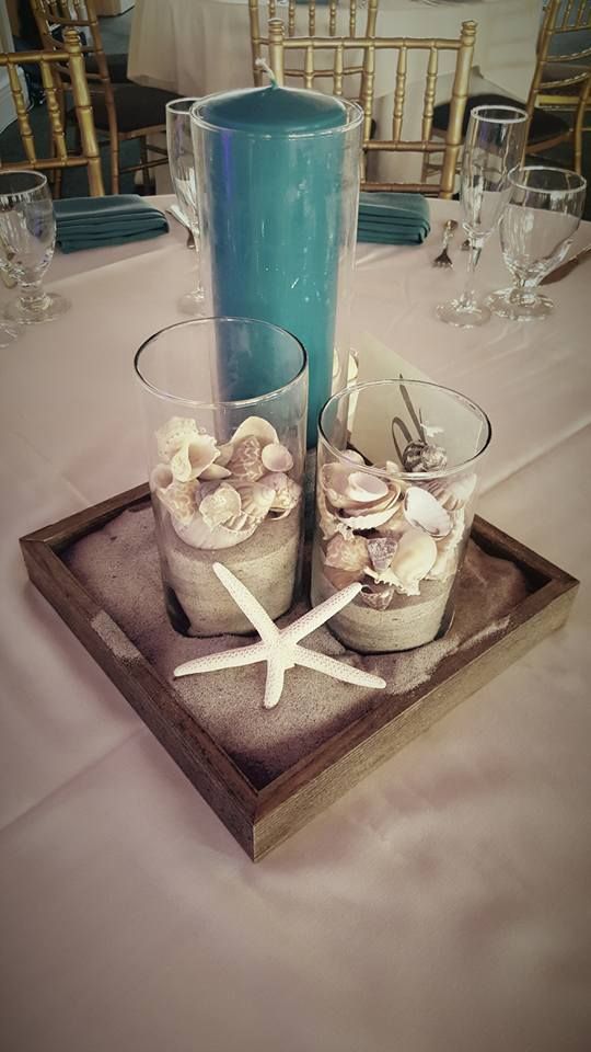 74 Best Beach Wedding Centerpieces Images On Pinterest Table Simple But Cute Beach Themed Centerpiece Cylinder Vases Shell And Sand