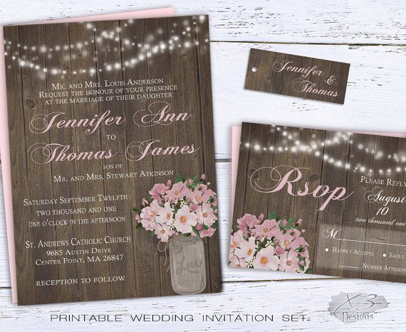 Rustic Wedding Invitation Set DIY Spring Mason Jar Invite Blush Pink Rose Flowers Rustic Wedding Invitation Set DIY Spring Mason Jar Invite Blush Pink Rose Flowers