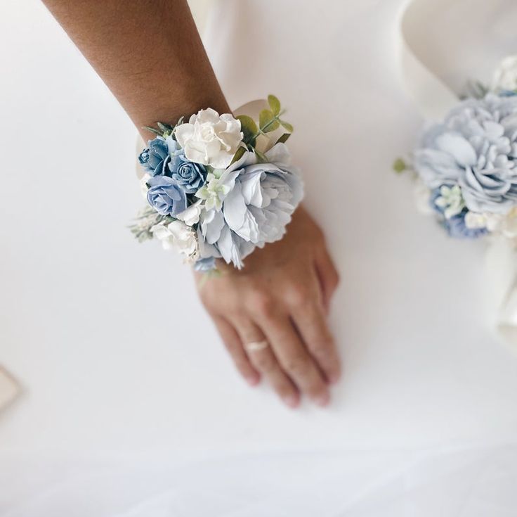 Dusty blue wrist corsage Floral wrist corsages Steel blue | Etsy in ... White And Baby Blue Corsage