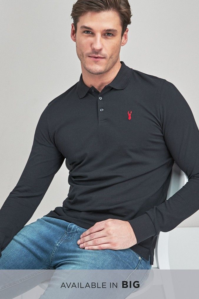 No Logo Mens Mans Plain Cotton Long Sleeve Pique Polo Shirt