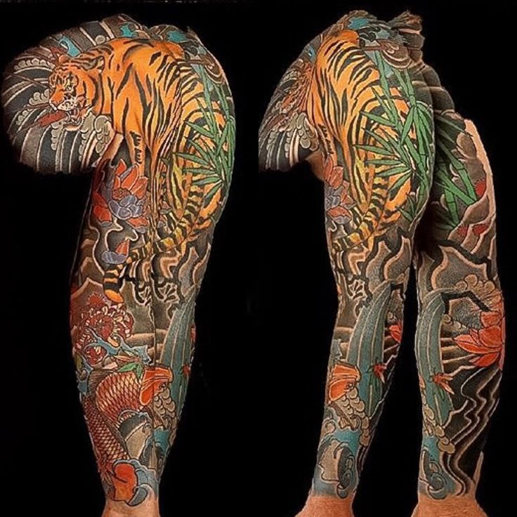 asian japanese full sleeve chest panel tiger koi lotus asian japanese full sleeve chest panel tiger koi lotus