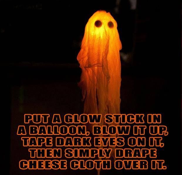 glow stick in a balloon then blow up then draw black eyes and cover in cheese cloth you could blow up the balloons with helium tie them to a golf tee and - Glow Stick Halloween Decorations glow stick in a balloon then blow up then draw black eyes and cover in cheese cloth you could blow up the balloons with helium tie them to a golf tee and - Glow Stick Halloween Decorations