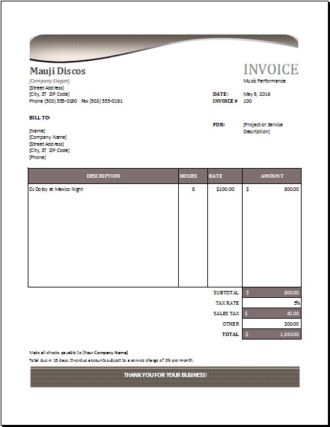 Music performance invoice DOWNLOAD at http://www.excelinvoicetemplates.com/music-performance-invoice/