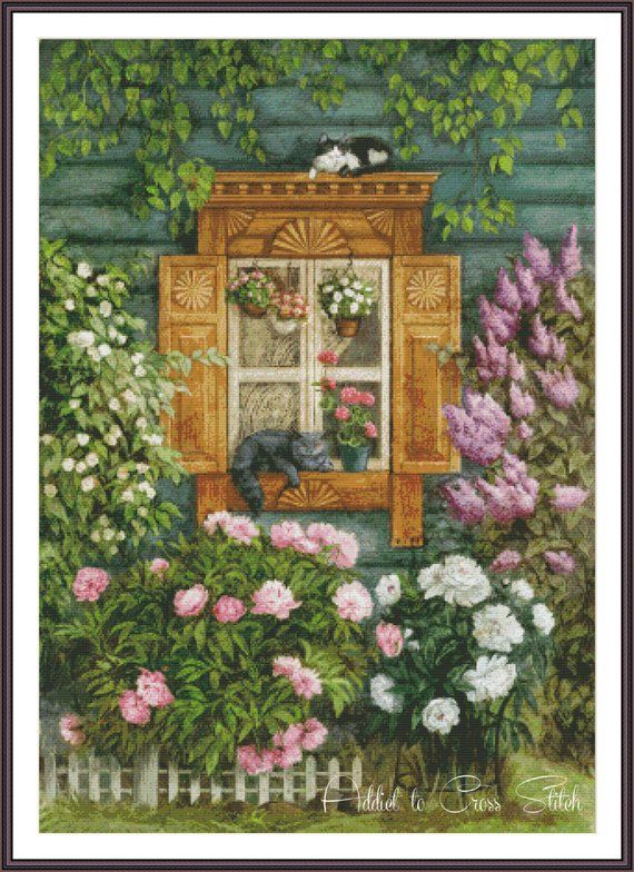 Cat cross stitch pattern garden spring EMBROIDERY