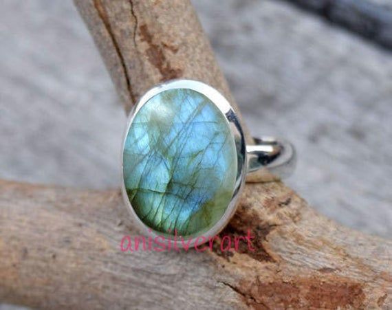 Oval Cut Labradorite Gemstone Split Shank Ring 925 Sterling Silver Jewelry