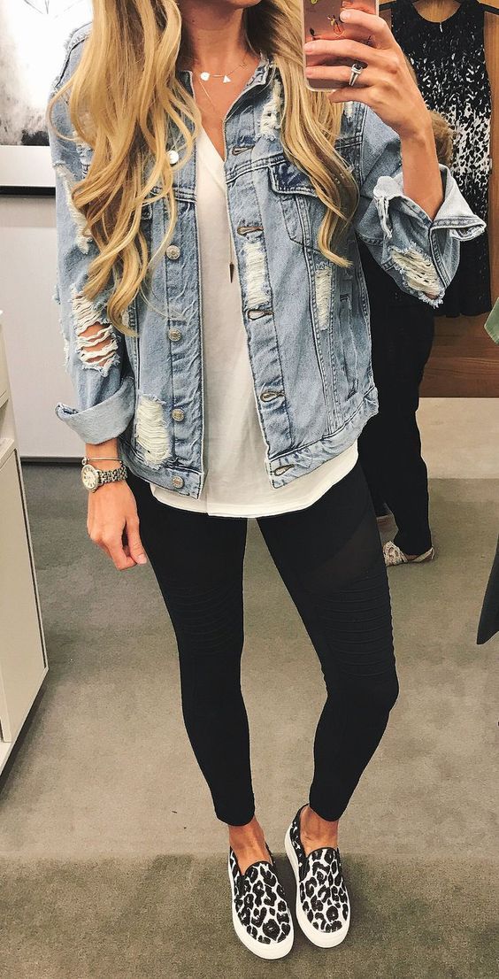 #summer #outfits Ripped Denim Jacket + Black Crop Skinny Pants + Leopard Pumps