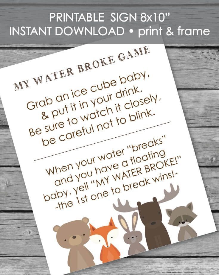Printable My Water Broke Baby Shower Game Woodland Theme White Fox Baby Shower Woodland Creatures Baby Shower Baby Shower Activities Printable My Water Broke Baby Shower Game Woodland Theme White Fox Baby Shower Woodland Creatures Baby Shower Baby Shower Activities
